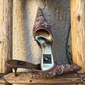 *Reed Evins* Mauve Embellished Silk Kitten Mules Size 6 1/2